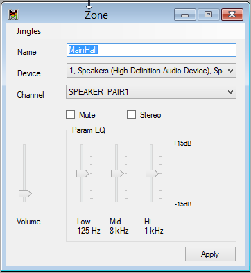 Zone editor panel, audio output device, channels, equalizer